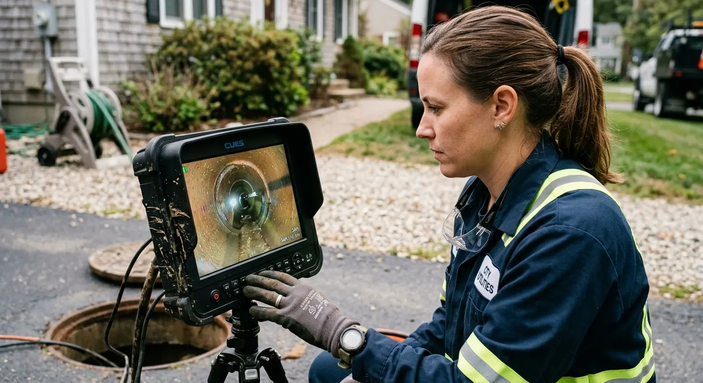 Technician reviewing sewer camera inspection footage in Mount Lebanon