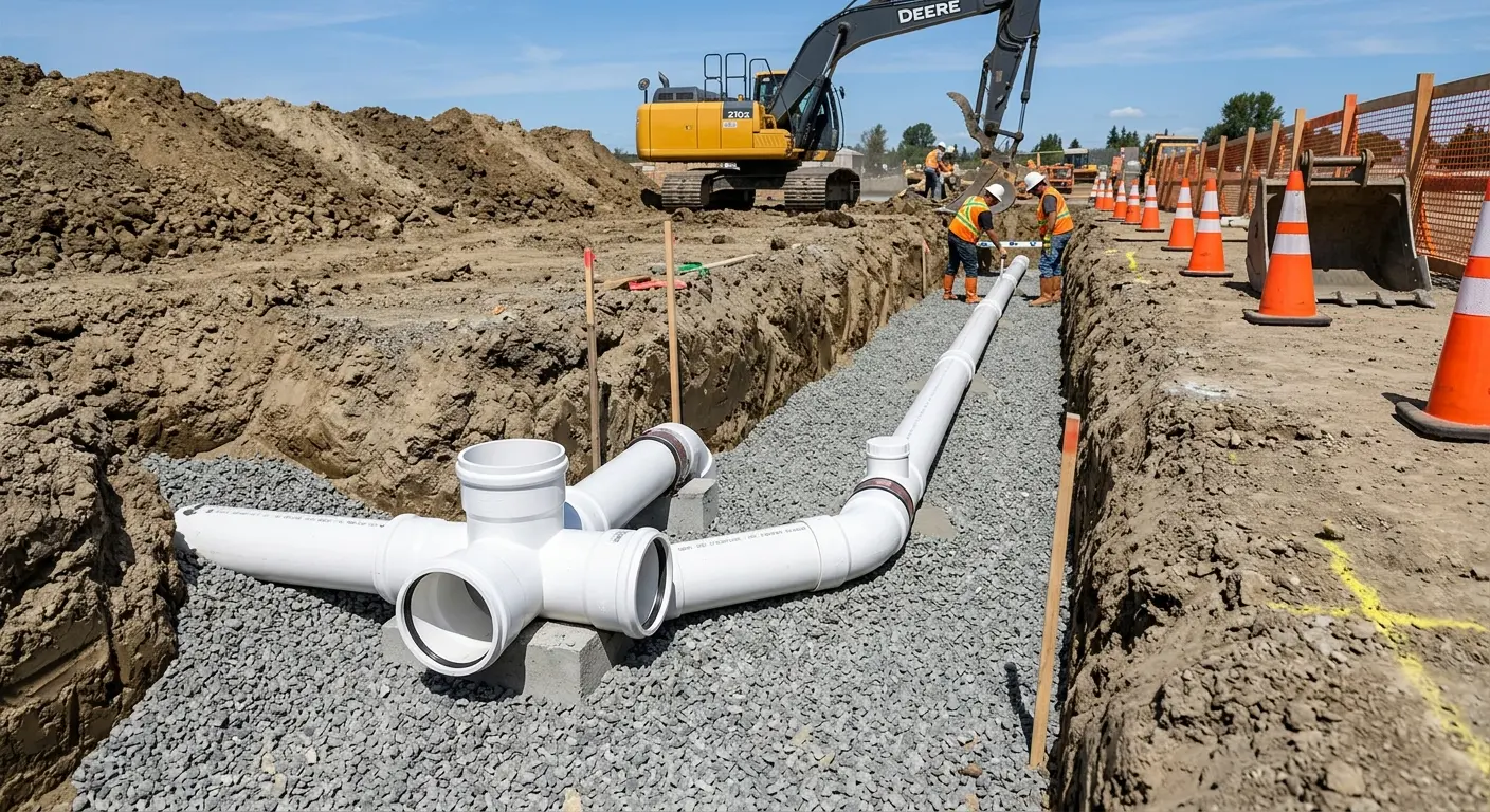 New PVC sewer pipe installation in open trench for Commercial Drain Cleaning in Mount Lebanon