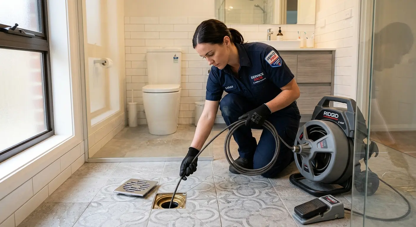 Technician clearing a bathroom floor drain for Clogged Drain Repair in Mount Lebanon